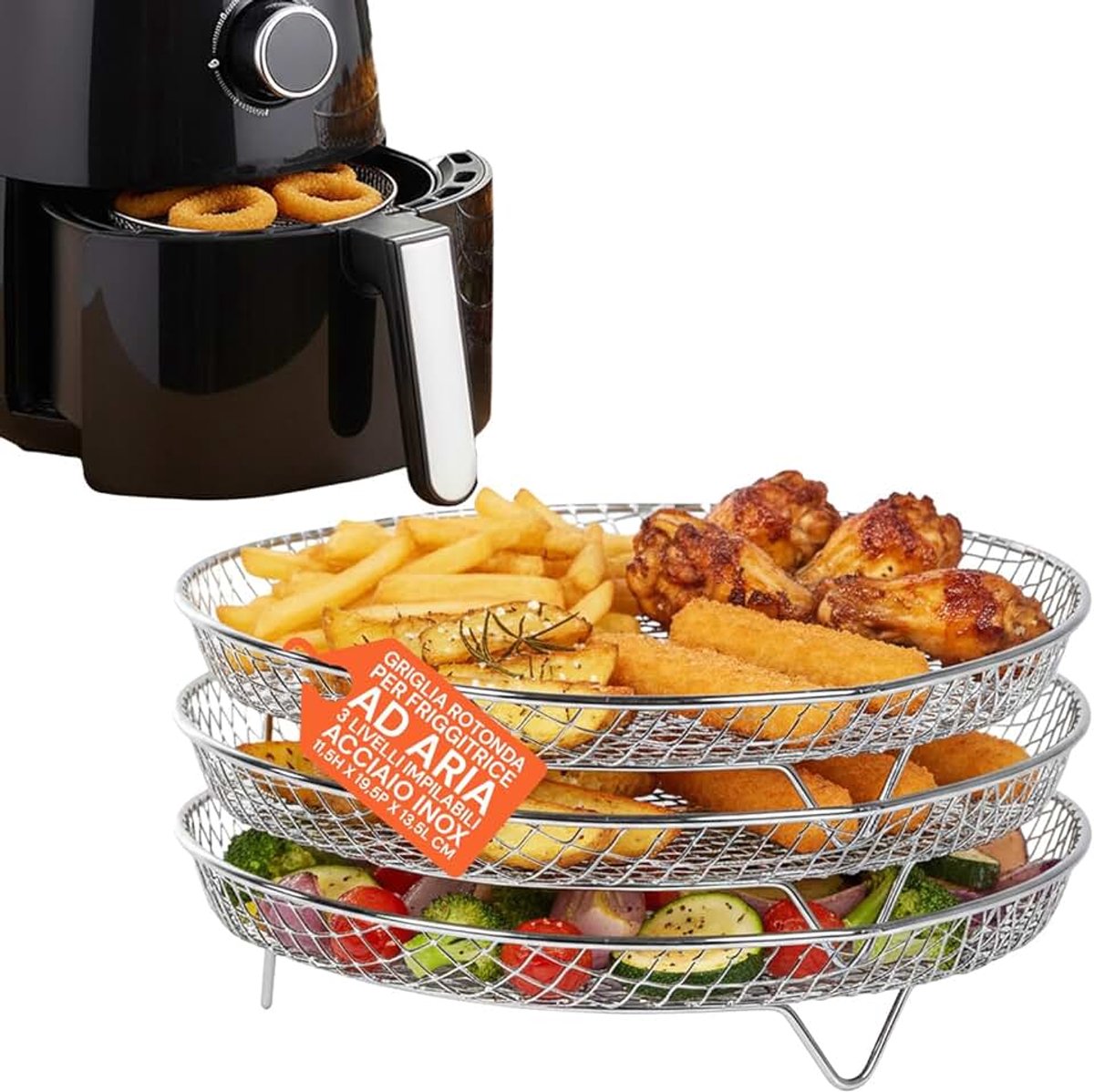 Grillrooster voor luchtfriteuse met 3 niveaus, stapelbaar, rond, van roestvrij staal, multifunctionele accessoires, gemakkelijk te reinigen, voor gelijkmatig en knapperig bakken