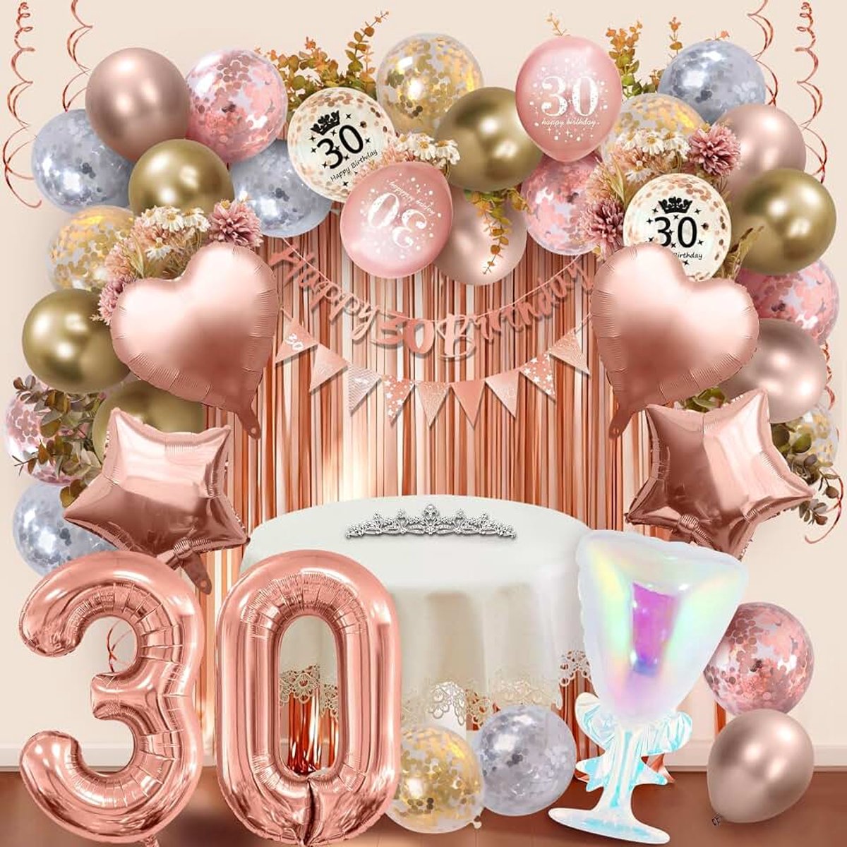 Decoratie voor de 30e verjaardag voor meisjes, roségoud, verjaardagsdecoratie 30e jaar met kroon, ballonnen, Happy 30th Birthday-banner, lametta gordijn, glitter, hangende wervels voor