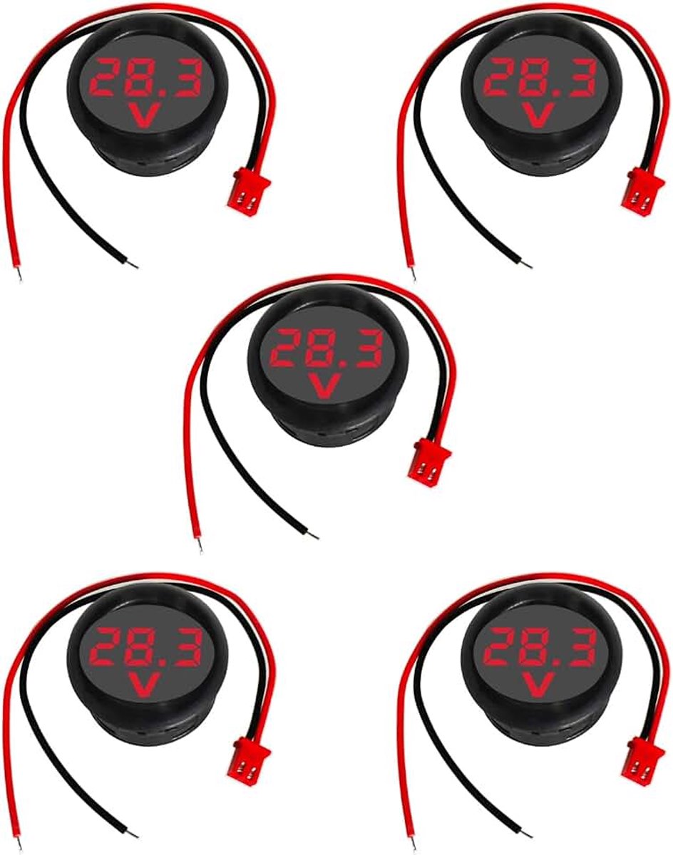 5 stuks mini-digitale voltmeter, DC 2 leidingen, 4-100 V, mini-spanningsmeter, led-display, omgekeerde polariteitsbescherming en nauwkeurige drukmeting, rood, rond