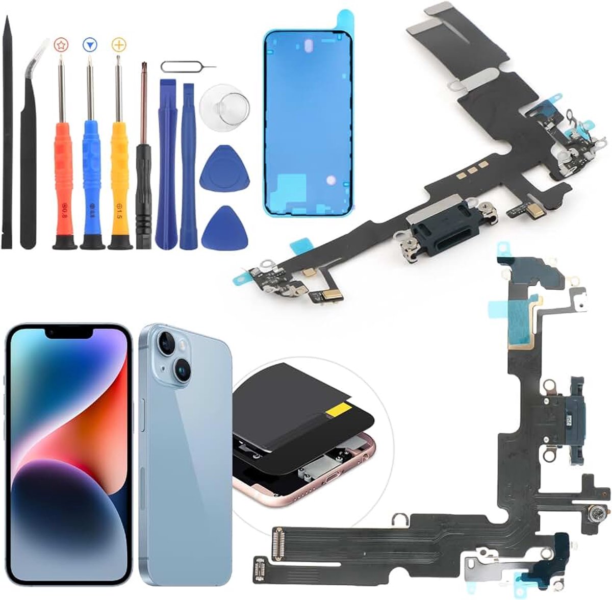 Connector voor iPhone 14 Plus oplaadbus met flex-kabel, compatibel met iPhone 14 Plus USB-laadpoort, accessoires, vervanging met reparatiegereedschap