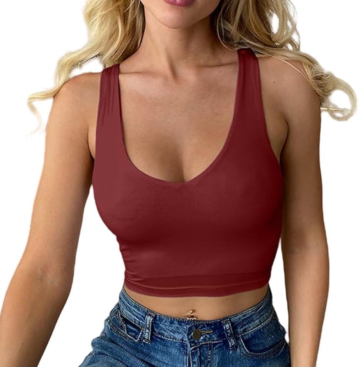 Tanktop voor dames, elegant, zomer, crop top, sexy, slim fit, tanktop, mouwloos, korte mouwen, sporttop met V-hals, basic strakke onderjas, modieus T-shirt, effen shirt