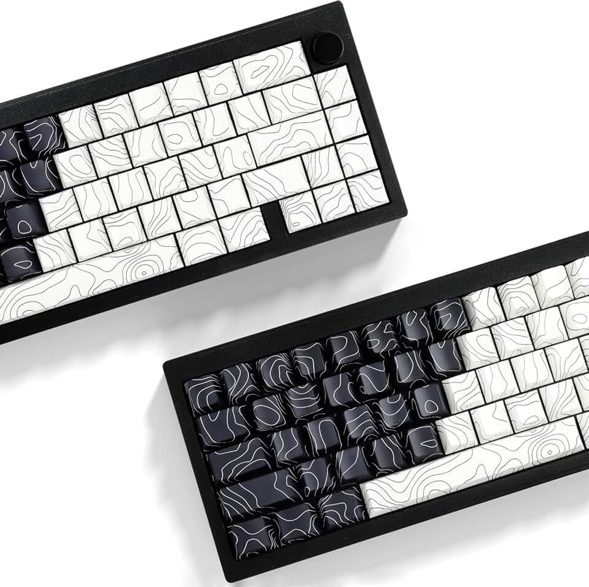 Keycaps, zwart-wit topografische 131 toetsen, aangepast kersenprofiel, kleurstofsublimatie, glans door zijbedrukte toetsdoppen voor ISO/ANSI UK-lay-out, mechanisch gamingtoetsenbord (zwart