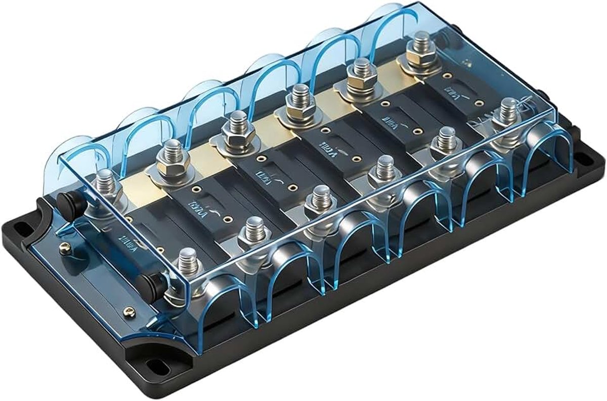 Zekeringhouder met transparante beschermhoes, 6-voudige Mega zekeringhouder, geschikt voor auto, jachten, middelgrote autostekker, blauw