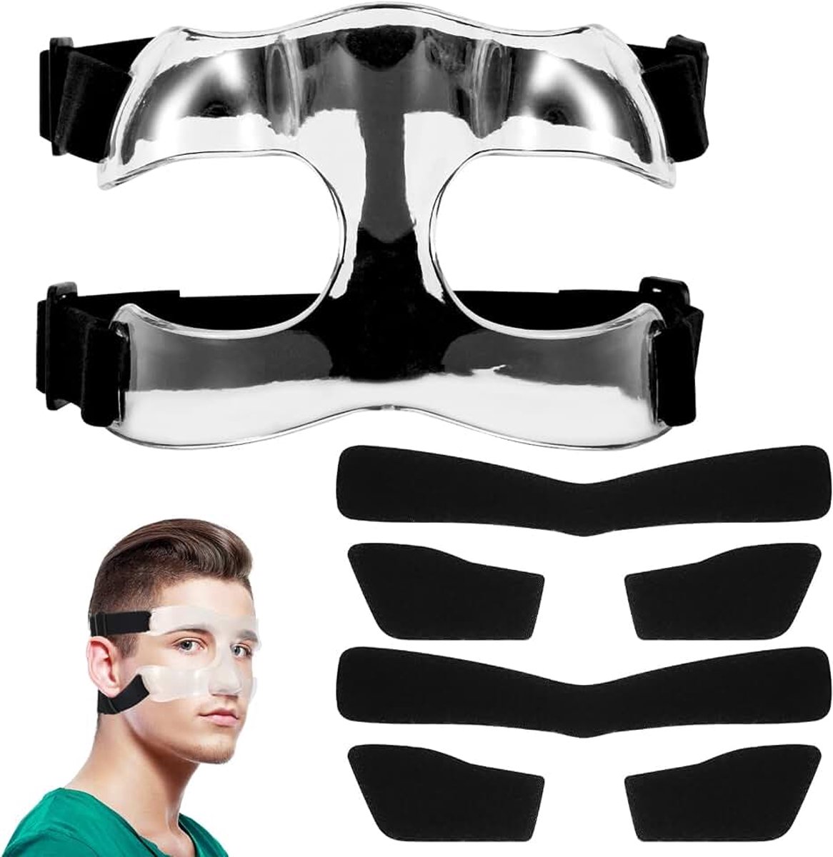 Gelaatsscherm voor Gebroken Neus, Verstelbaar met Schuimvulling Ademend Helder Gezichtsmasker Zijkant Open Tegen Blessures voor Basketbal Voetbal Sport Volwassenen Tieners