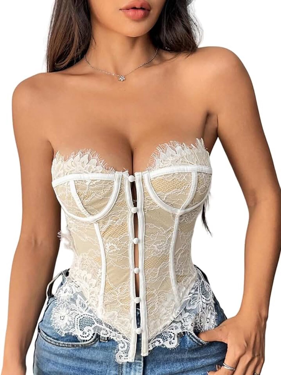 Kanten corset top dames sexy strapless elegante club party festival outfit mouwloos bovendeel korset wit zwart knoop voorkant bralette blouse casual Kerstmis Valentijnsdag
