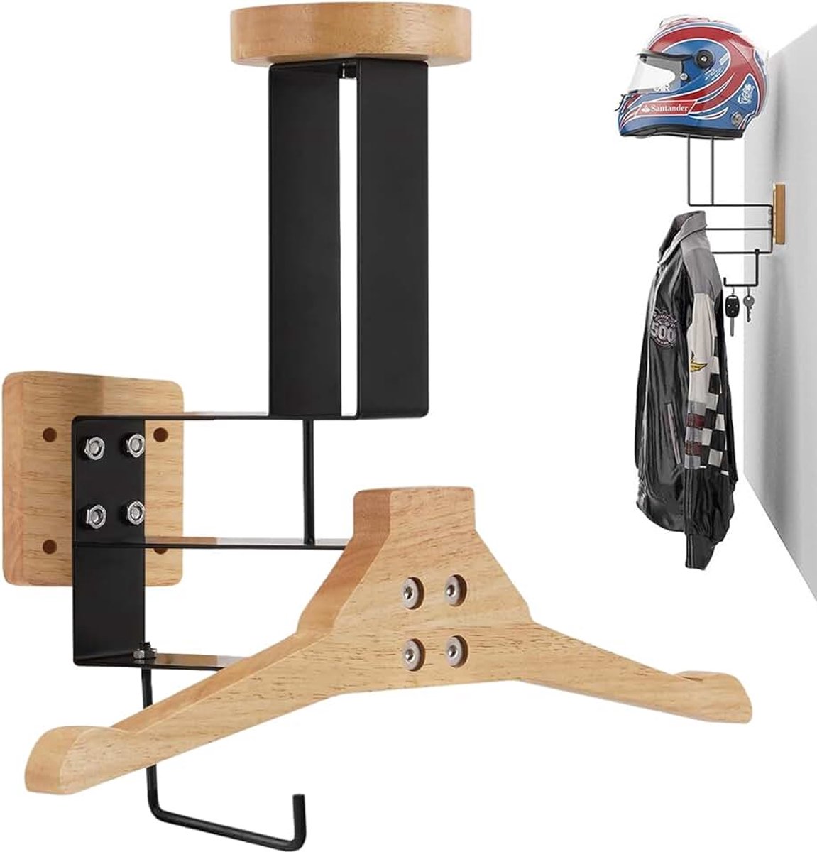 Helmhouder voor aan de muur, motorhelm-houder, wandhouder van metaal en hout, voor het opbergen van helmen, tactische en sleutels