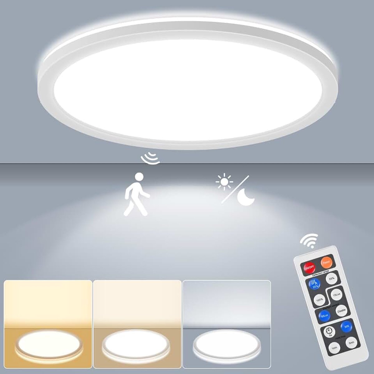 LED plafondlamp met radar bewegingsmelder, 18W 2000lm plafondlamp plat met afstandsbediening, bewegingssensor, voor badkamer, hal, trap, toilet, garage, kelder, balkon Ø22x2.5cm Rond