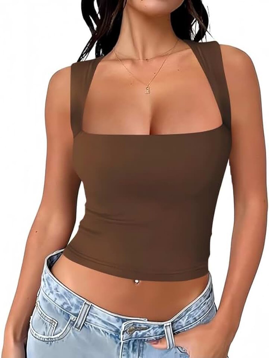 Tanktop voor dames, elegant, zomer, sportief, sexy, slim fit, crop top, mouwloos, korte tanktop met vierkante hals, basic, nauwsluitend, casual, elastisch, T-shirt mode Y2K shirt