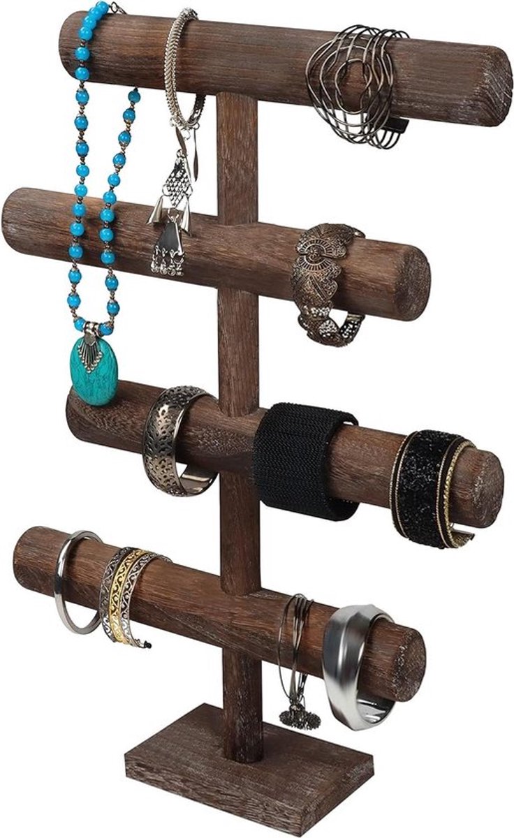 Sieradenhouder - Hout - Organizer - 48 cm Hoogte - Kettingen - Armbanden - Horloges - Scrunchies - Hangers - T-Balk - Tafeltop - Opslag - Geschikt voor Tafeldecoratie - Naturel Houten Sieraden Standaard