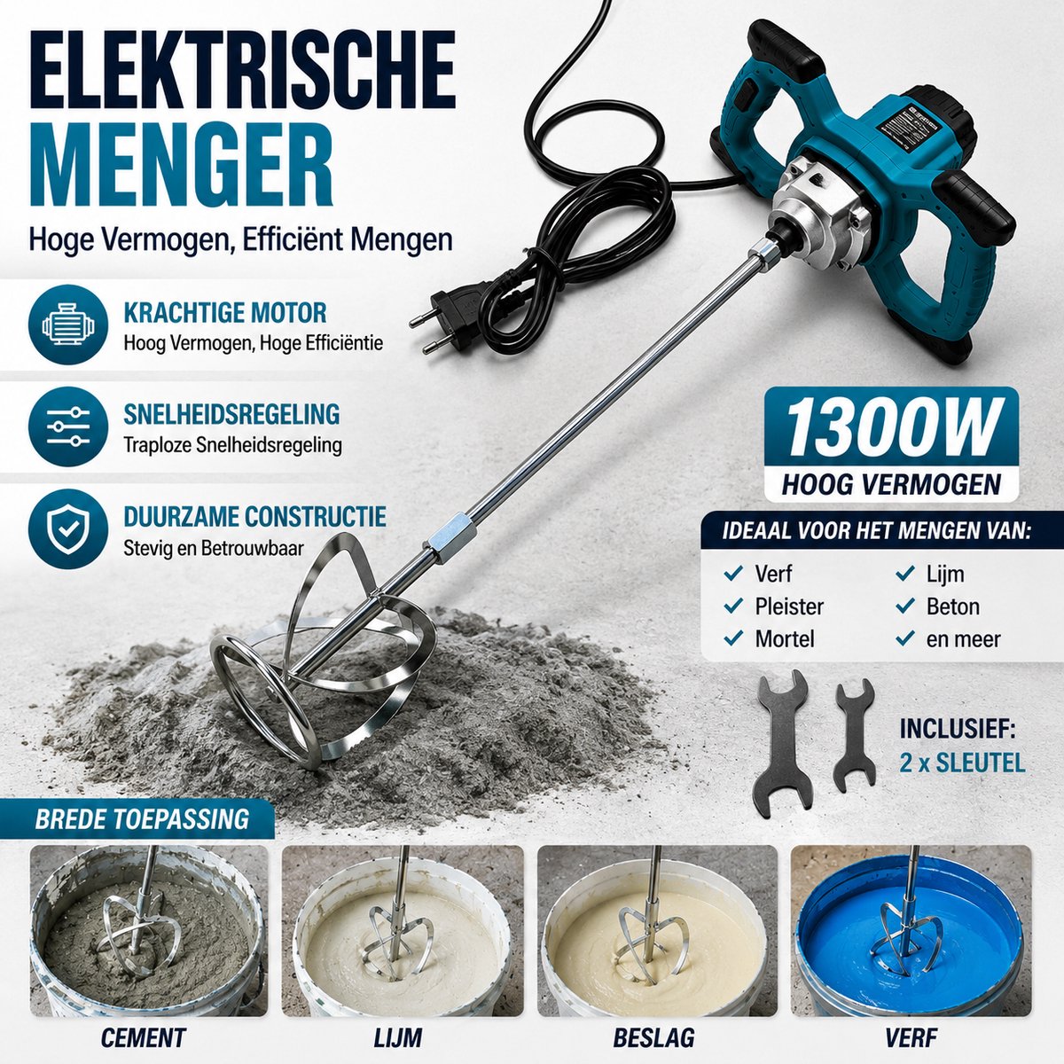 1300W Elektrische Mortelmixer - Betonmixer met Variabele Snelheid - Professionele Verfmenger voor Cement, Mortel, Lijm, Gips en Verf - Dubbele Handgreep