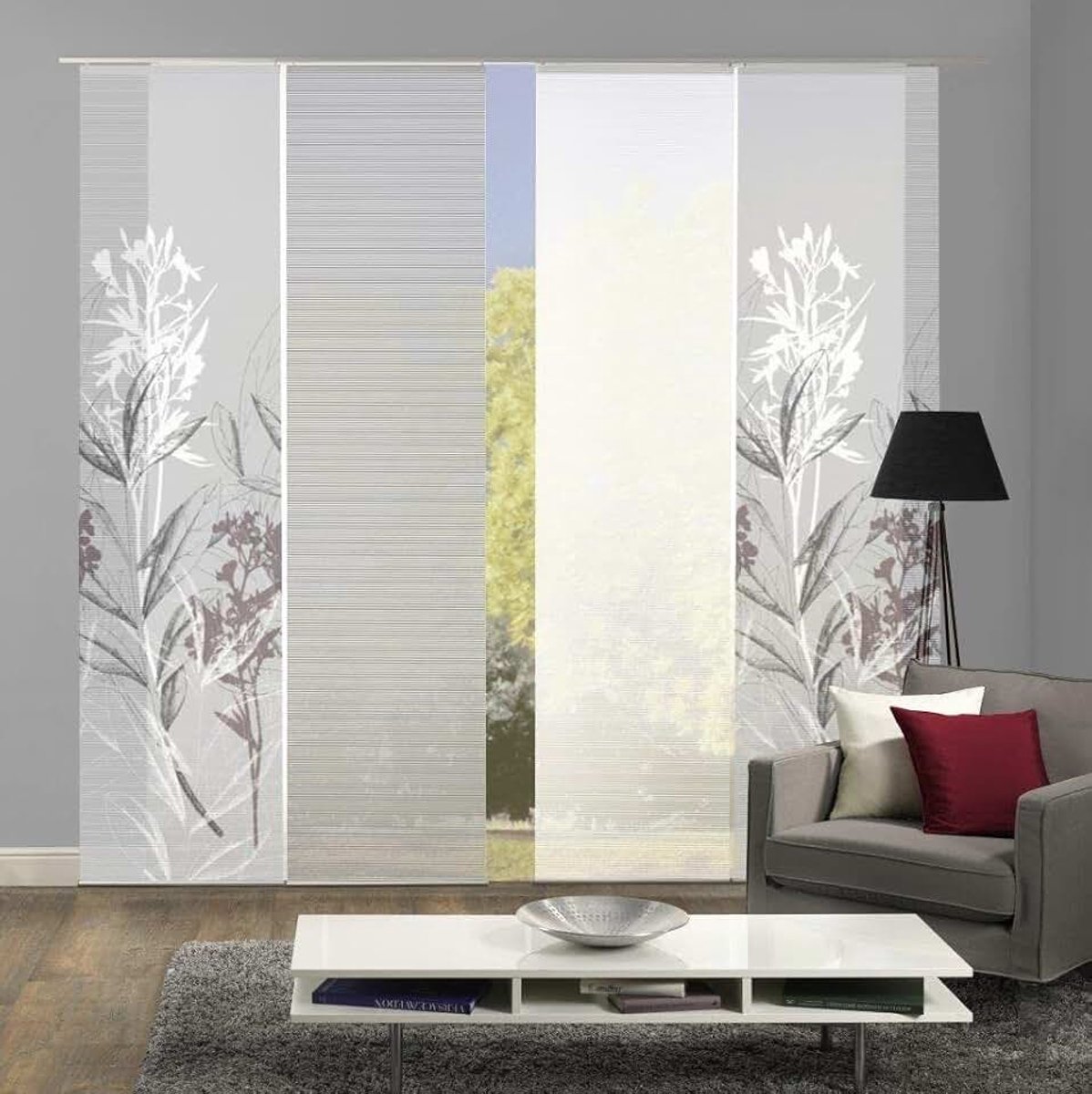 S 94653-0307 | Set van 4 schuifgordijnen SEMORA | semi-transparante stof in bamboe-look | 4x 260x60 cm | kleur: grijs