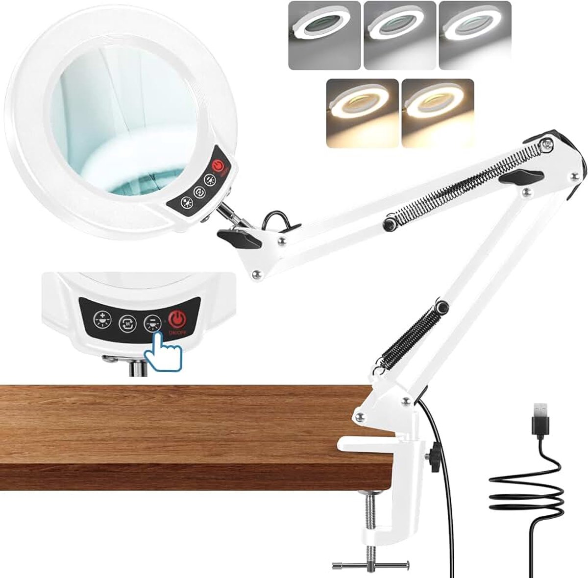10 x vergrootglas met licht en klem, led-vergrootlamp met glazen lens, 5 kleurmodi, traploos dimmen, vergrootglas met licht en standaard, handsfree leesloep voor senioren, lezen, knutselen