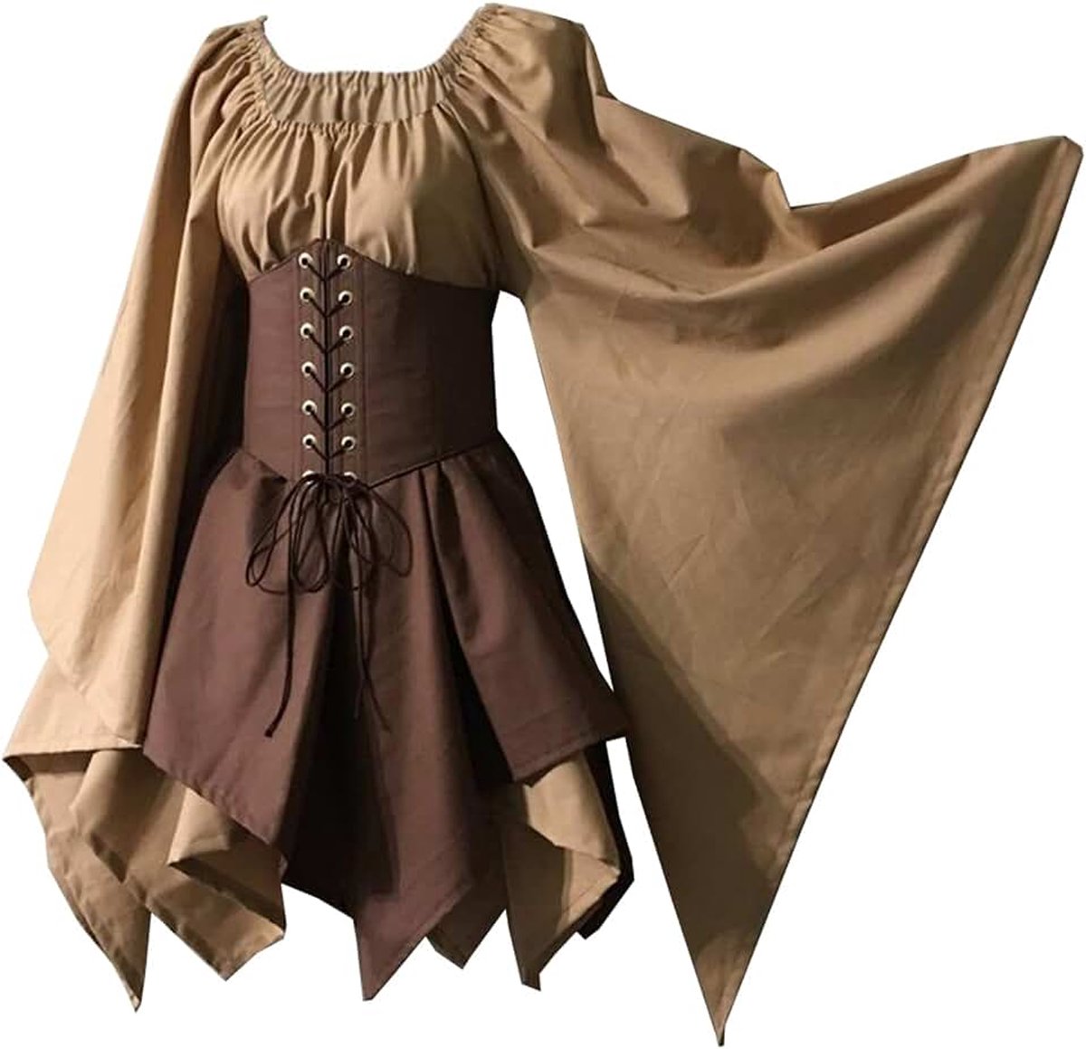 Ierse jurk voor dames, renaissance, middeleeuws kostuum, uitlopende mouwen, korset, Halloween, Victoriaanse korte jurk