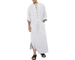 Kaftan voor heren, V-hals, lange mouwen, knopen, thobe met hoge knoopsluiting en zijsplit, katoen, met zakken