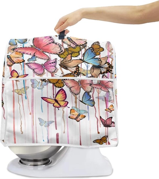 Mixerhoes met Zakken - Keukenmachine Cover - Apparaat Beschermen - Wasbaar Polyester - 4.5-8 Kwart - Aquarel Vlinders — afbeelding 4