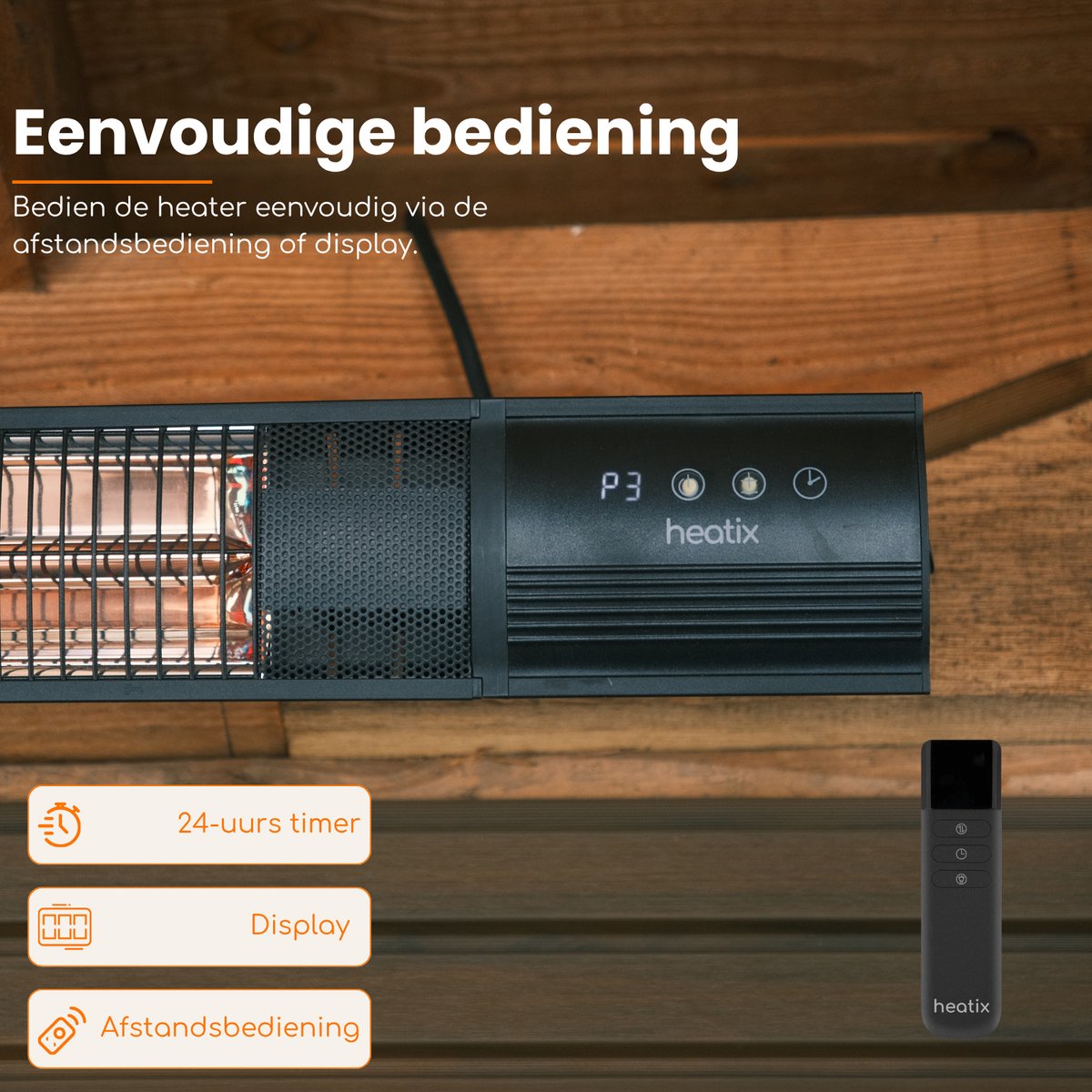 Heatix Carbon Rose Gold Terrasverwarmer – Elektrisch Infrarood Wandmodel – 2500W – Afstandsbediening – Warmtestanden – IP65 – foto 4