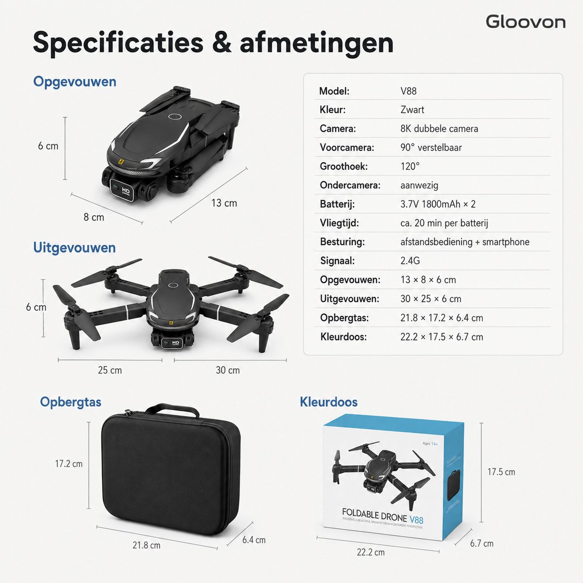Gloovon® Opvouwbare Drone met Camera - 8K Dual Camera - 2 Accu's - 40 Minuten Vliegtijd - Inclusief Luxe Opbergtas - Zwart thumbnail 2