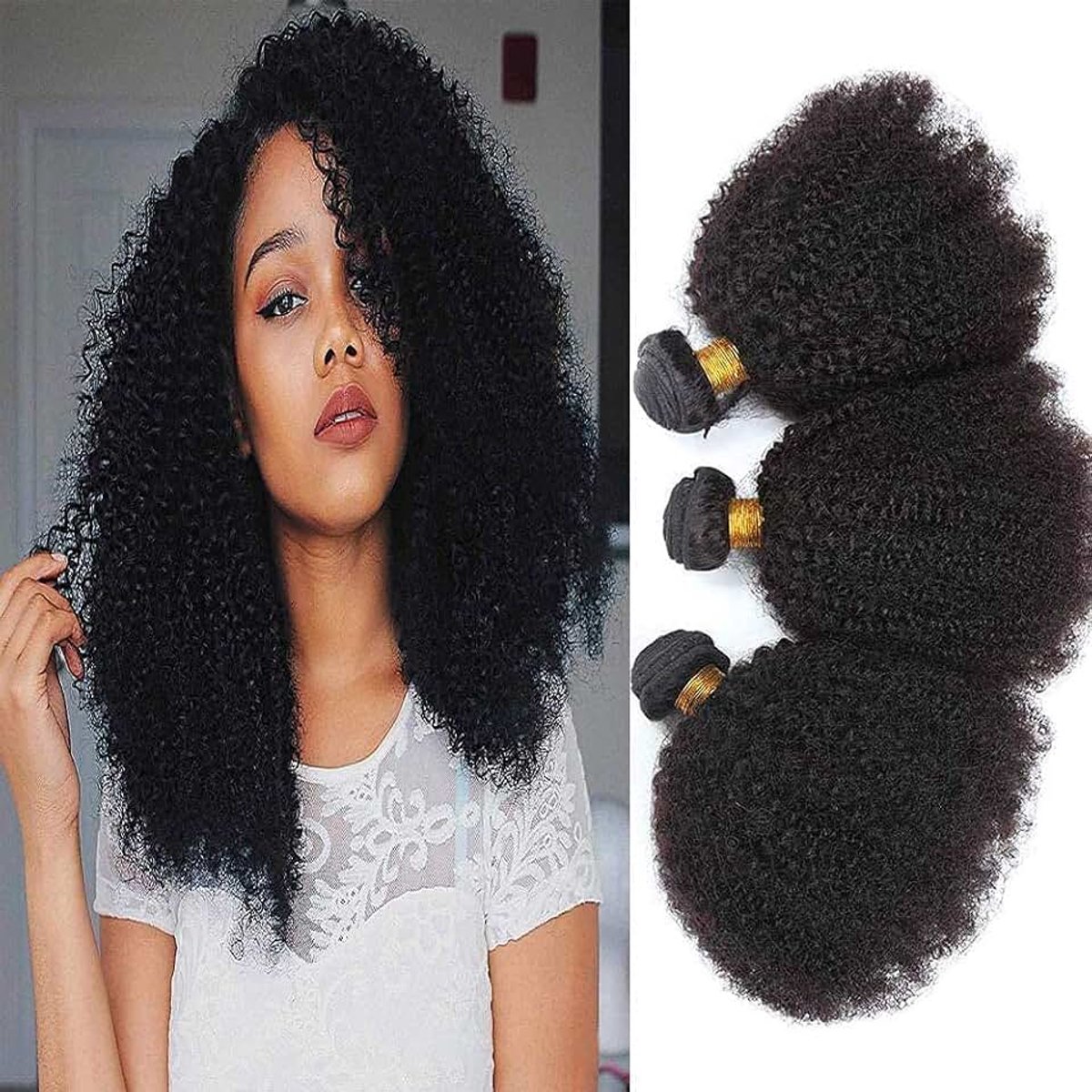 Kinkys Curly Human Hair 3 Bundles 100% Unprocessed Brazilian Virgin Afro Curly Hair Weave Hair Extension Natural Black Colour (18 20 22 inches)
