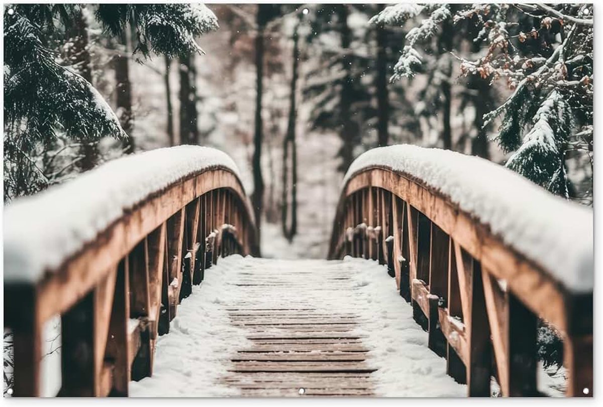 Tuinposter 180x120 cm Balkon Tuindecoratie Poster Garden Outdoor Posters Tuin Decoratie Tuinposters Voor Buiten Terras Tuinmuurdecoratie Brug - Winterlandschap - Bos - Natuur - Sneeuw