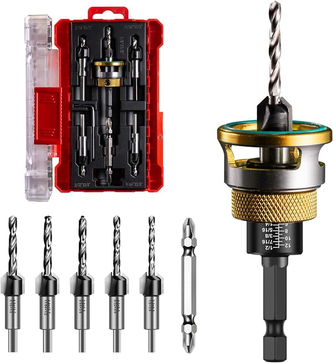 Senkboorset voor hout 5 stuks, boorsenker met diepteaanslag, houtboor met 1/4" zeshoekige schacht, gemaakt van HSS-M2, nauwkeurige boorwerkzaamheden, inclusief kruiskopschroevenbits, voor