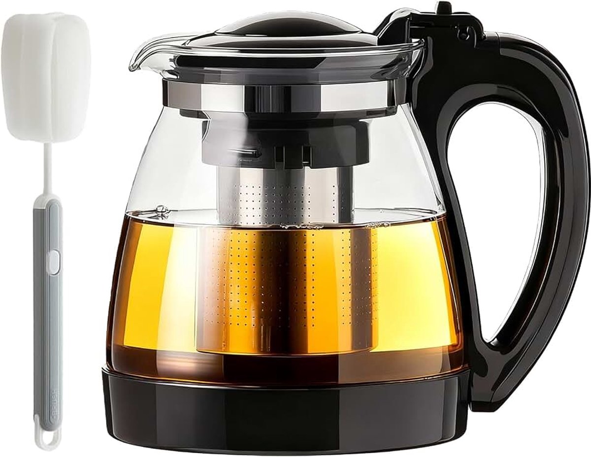 Theepot van glas, 2 liter, hittebestendige theepot met roestvrijstalen zeefinzet en reinigingsborstel, voor losse thee, groene thee, kruidenthee