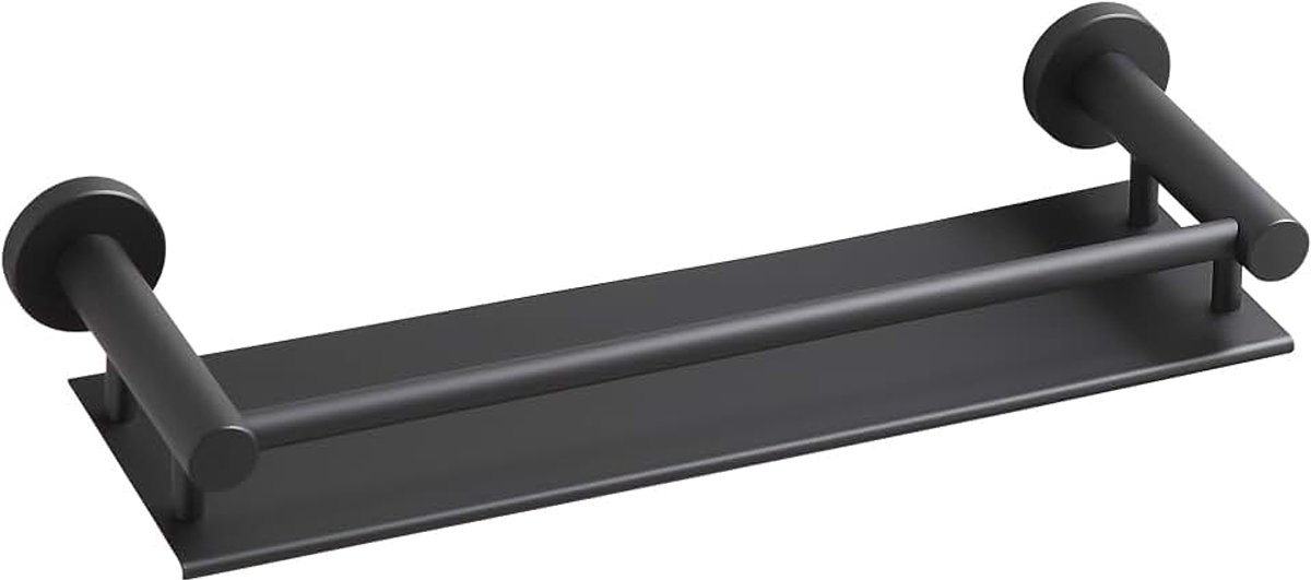 Bgl Matzwarte badkamerplank, wandmontage, 40 cm, modern, roestvrij, doucherek met beschermrail, ruimtebesparende badkamerorganizer voor shampoo