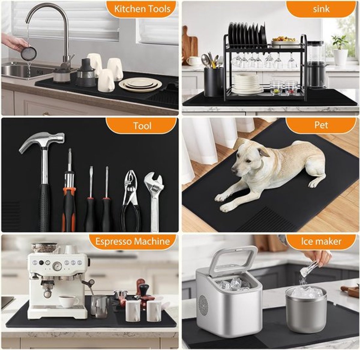 Koffiemat, keukenmat voor koffiemachine, met antislipmatje, 40x60cm siliconen koffiemat, antislip, hittebestendig, geschikt voor espressomachines, borden en ijsmachines - zwart.