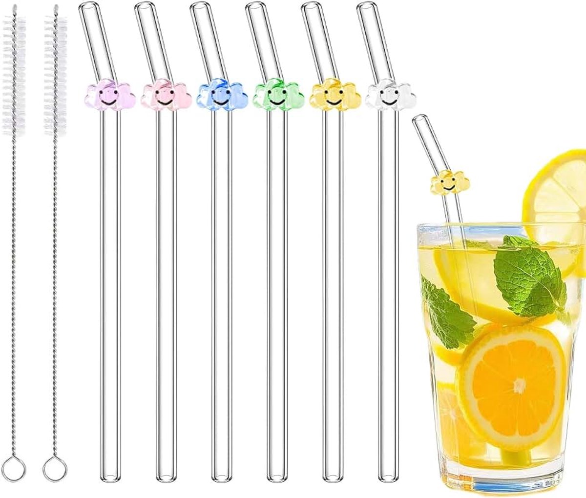 6 stuks glazen rietjes met 2 reinigingsborstels, schattige kleurrijke wolkbedels, herbruikbaar rietje voor koffieliefhebber, milkshake, smoothies, sap