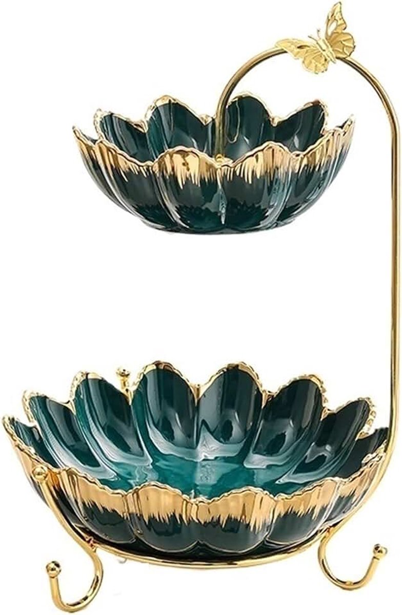 Fruitschaal Keramische etagère met metalen rek, fruitschaal, standaard for op het aanrecht, mand for groenten, snacks, noten, brood en snoep(Green)