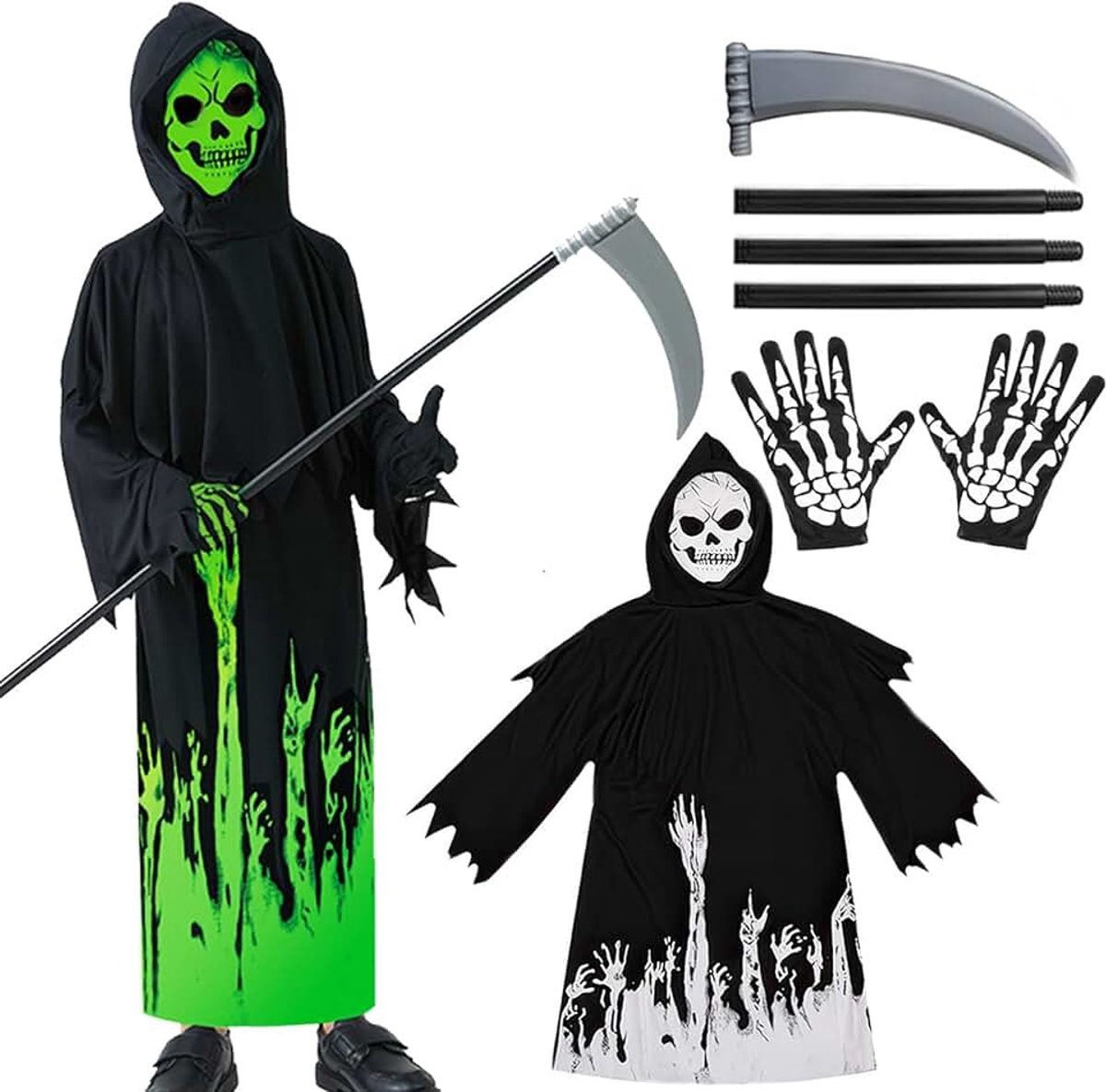 Reaper Sensenman-kostuum voor kinderen, met zeis, set met skelet en skelet, lichten op in het donker, maskers zeishandschoenen, Halloween-kostuum, cosplay voor Halloween en carnaval