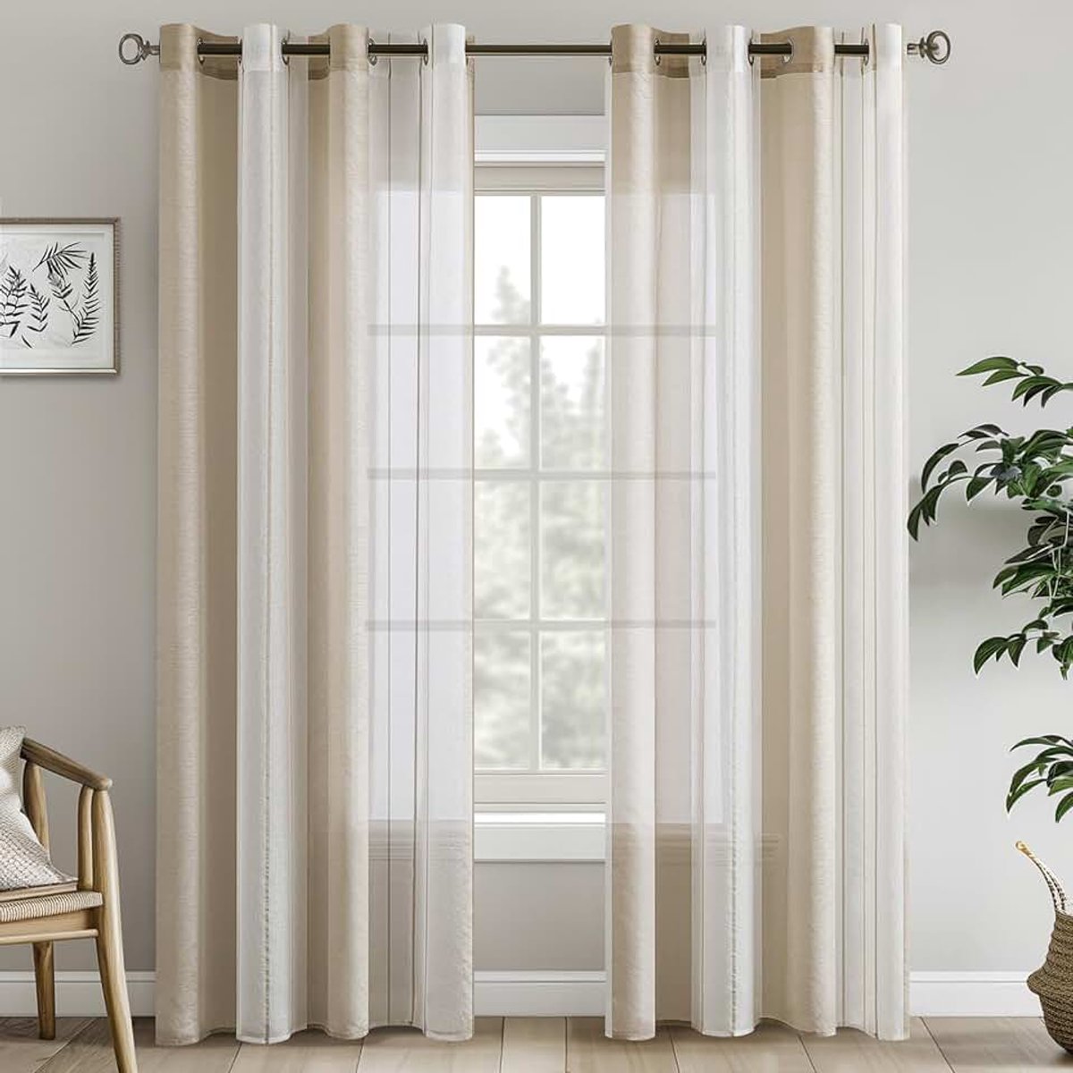 Gordijnen Met Strepen, Transparant, Met Oogjes, Voile-gordijnen, Moderne Woonkamer, 2-Delige Set, Met Patroon, Semi-transparant, Gestreept, 