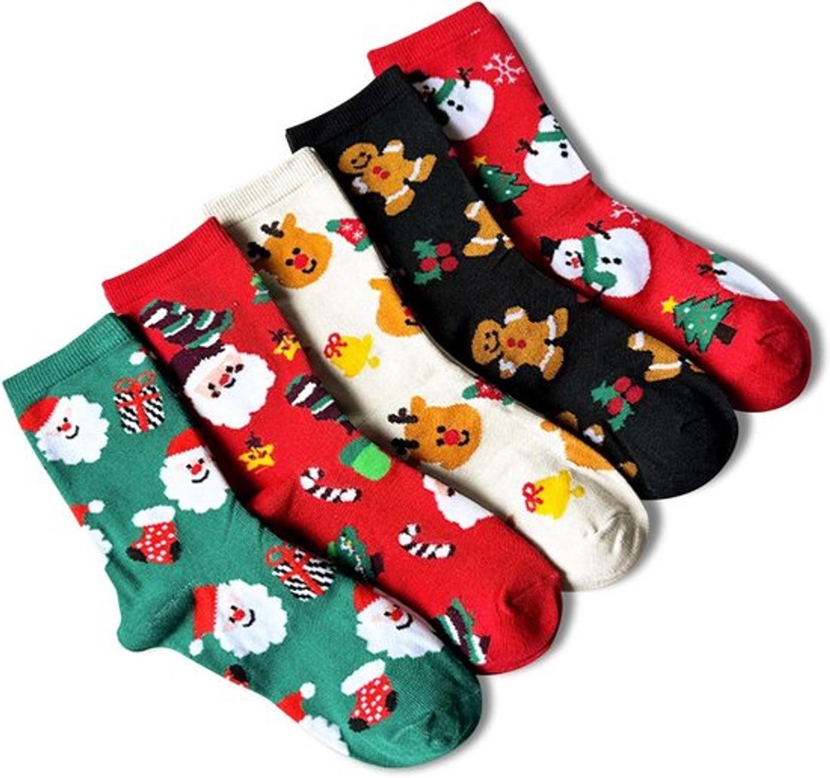 5 paar kerstsokken voor dames - kerstsokken met kerstman, sneeuwman en suikerkoekje design