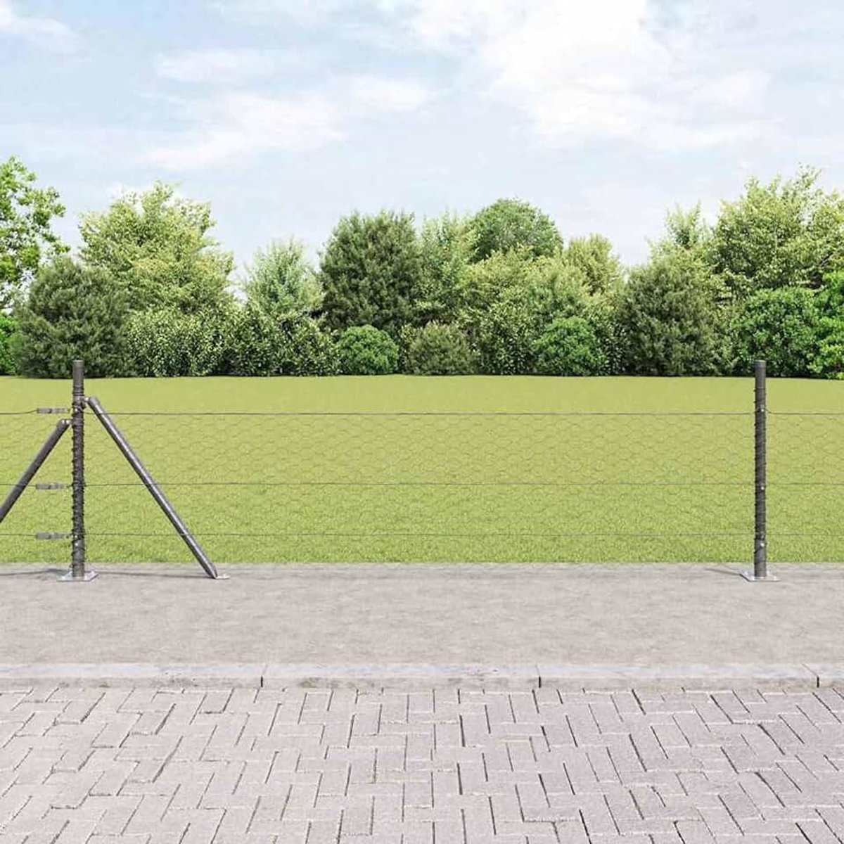 Hexagon 3353715 Hek grijs 0,4 x 100 m, hekpalen met basisplaten, 13 stuks, Ø 32 mm, 50 cm, verzinkt staal, stabiele stalen palen voor tuinhekken, landbouw, wilgennetten, kippendraad