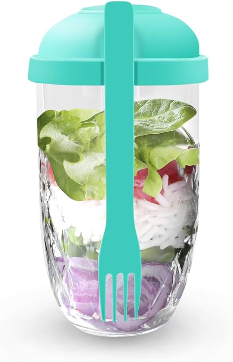 Saladebeker, 2 stuks draagbare saladedozen salademokken met vork en saladedressing container, herbruikbare groentesalade fruitmok container voor werk, school, camping, ontbijt, lunch diner