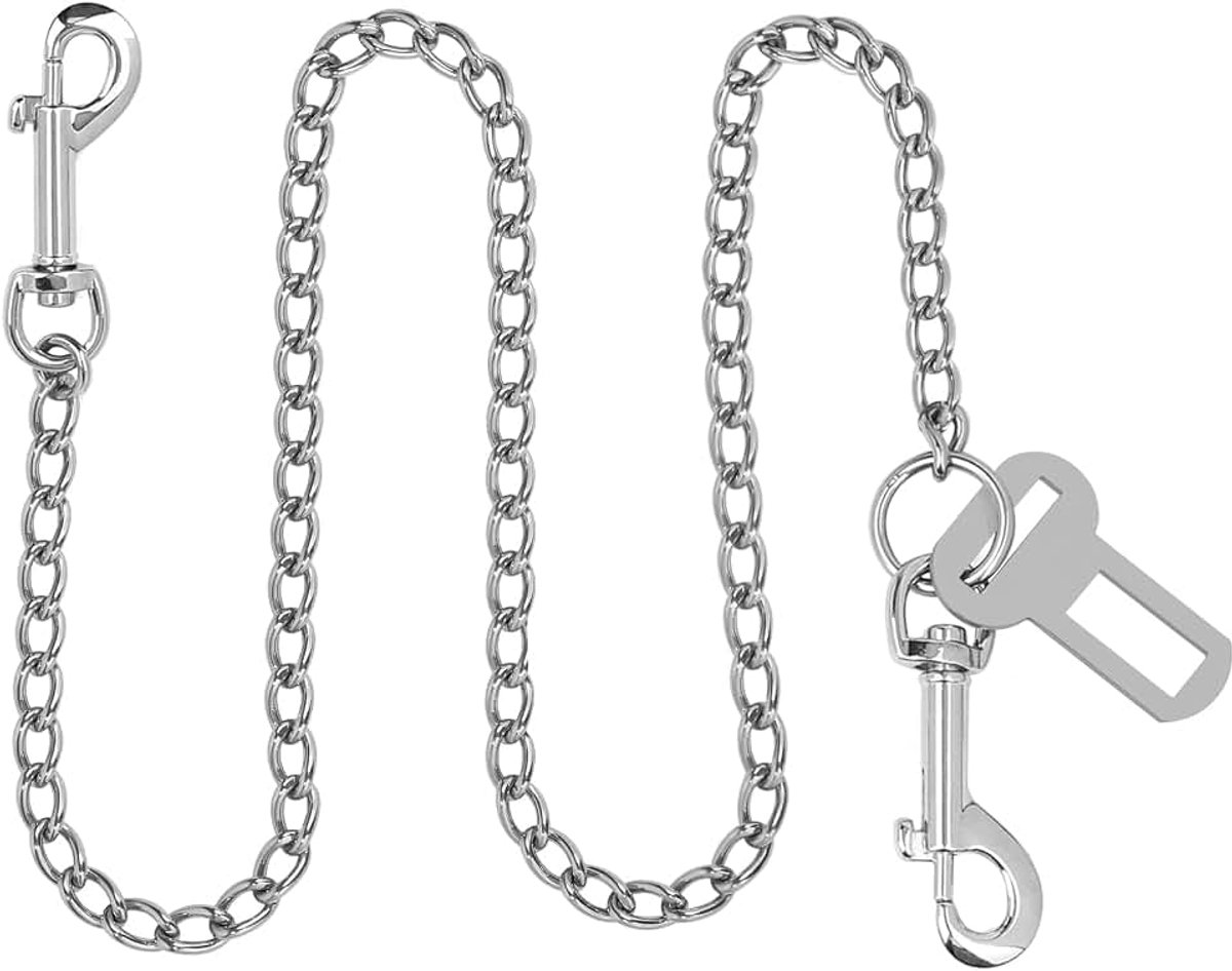 Hondenriem ketting, beetbestendig, roestvrij staal, 105 cm, hondenriem voor auto, veiligheidsgordel, anti-bijtlijn lijn voor kleine en grote honden, katten