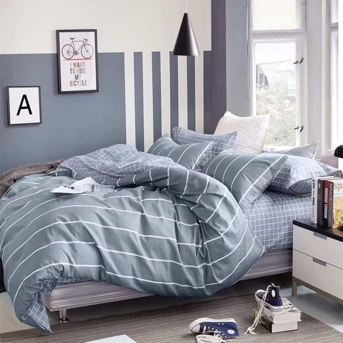 Beddengoed grijs wit gestreept 100% katoen met ritssluiting 2-delig (200 x 200 cm)