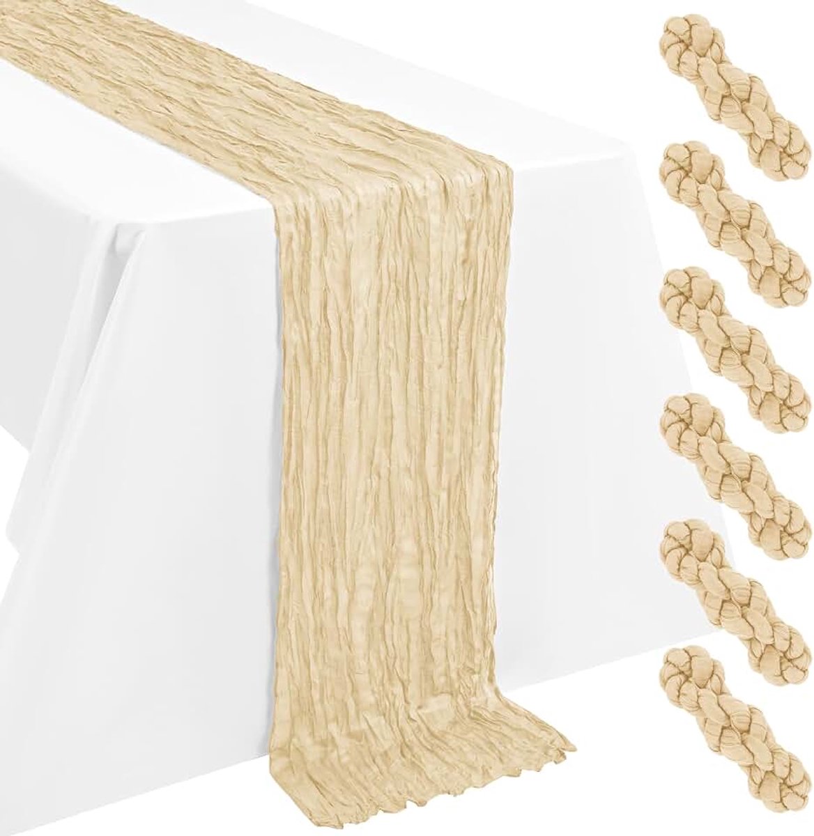 6 stuks beige 55 x 300 cm Boho kaasdoek tafelloper romantische lange rustieke tafelloper van gaas voor bruiloftsreceptie bruidsdouche babyshower, verjaardagsfeestje, diner en vakantie tafeldecoraties