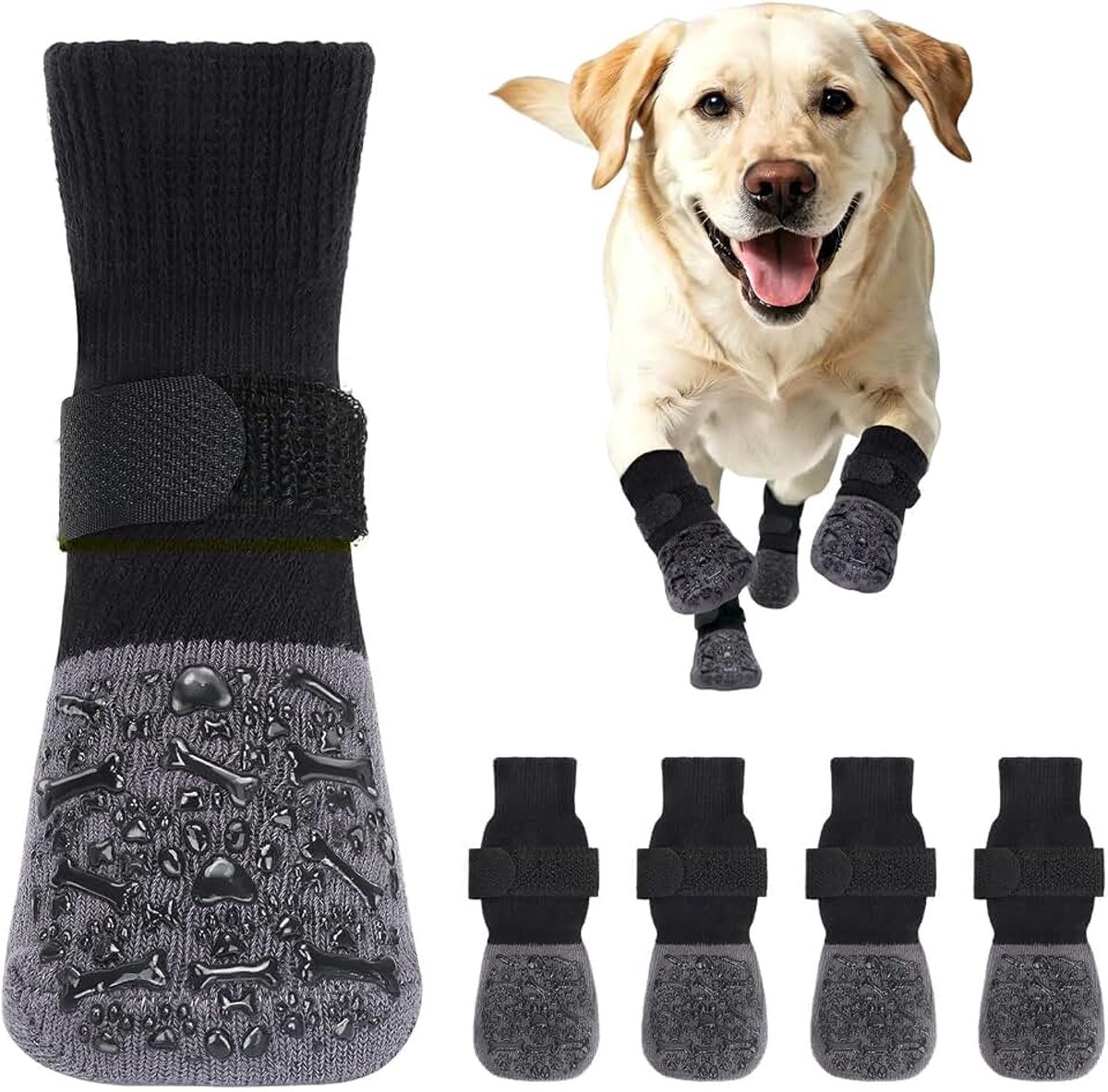Antislip Hondensokken tegen Likken en Krabben, Verbetert Grip, Geschikt voor Middelgrote tot Grote Honden, Verstelbaar met Elastische Klittenband (S, Zwart, Botjes Print)