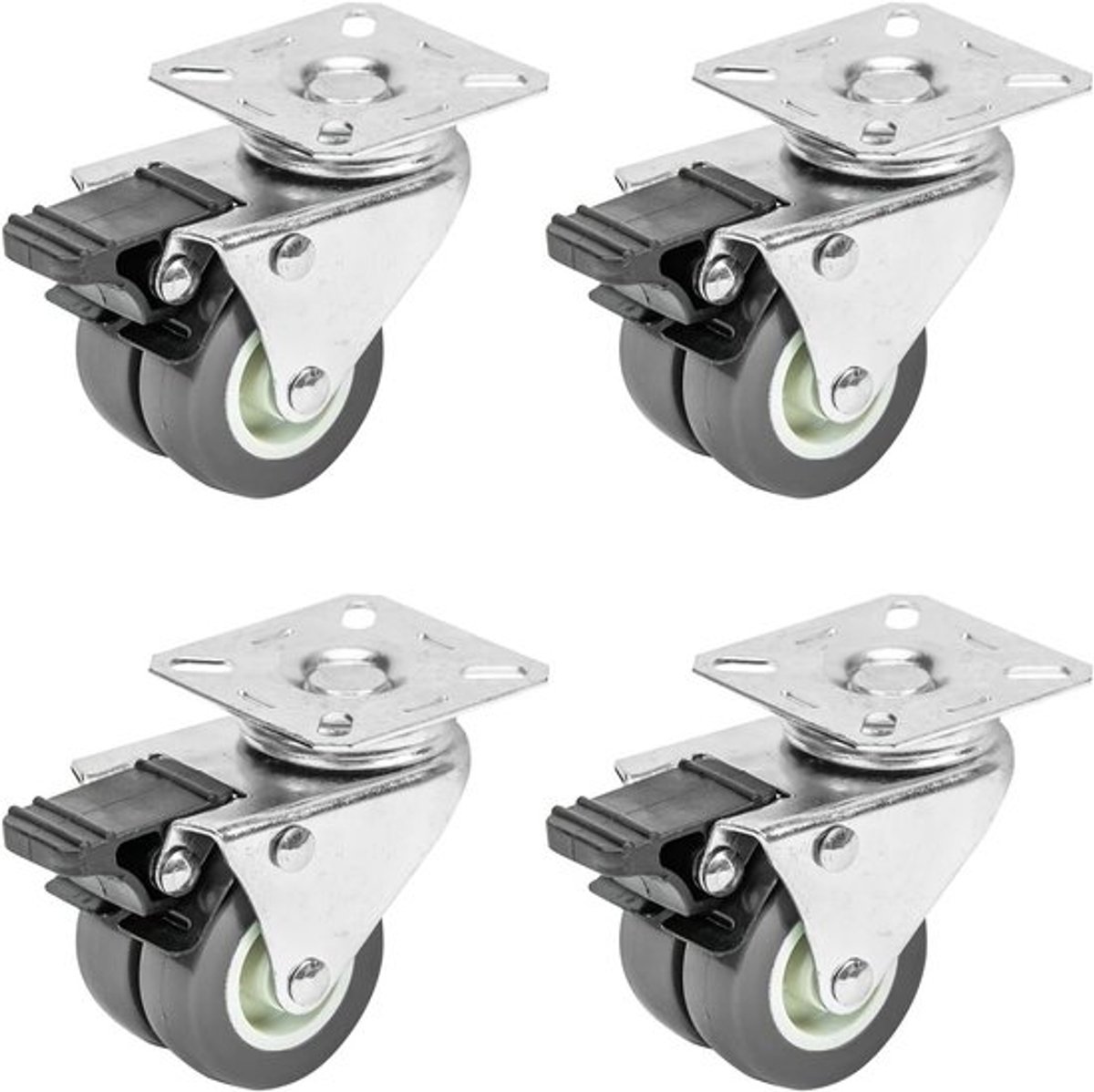 Set van 4 dubbele zwenkwielen voor zware lasten met rem | polyurethaan | 50 mm | tot 400 kg draagvermogen | grijs en duurzaam