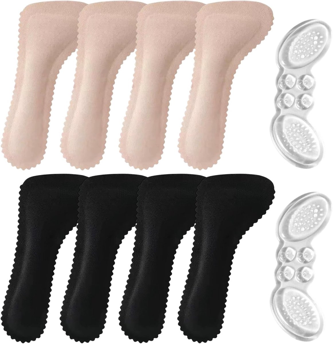 Pads schoenen, gelinzetstukken voor schoenen dames, 2 paar witte balkussens, 2 zwarte gelzolen, schoeninlegzolen voor dames, 2 siliconen hielkussentjes, onzichtbaar, voor dames met hoge