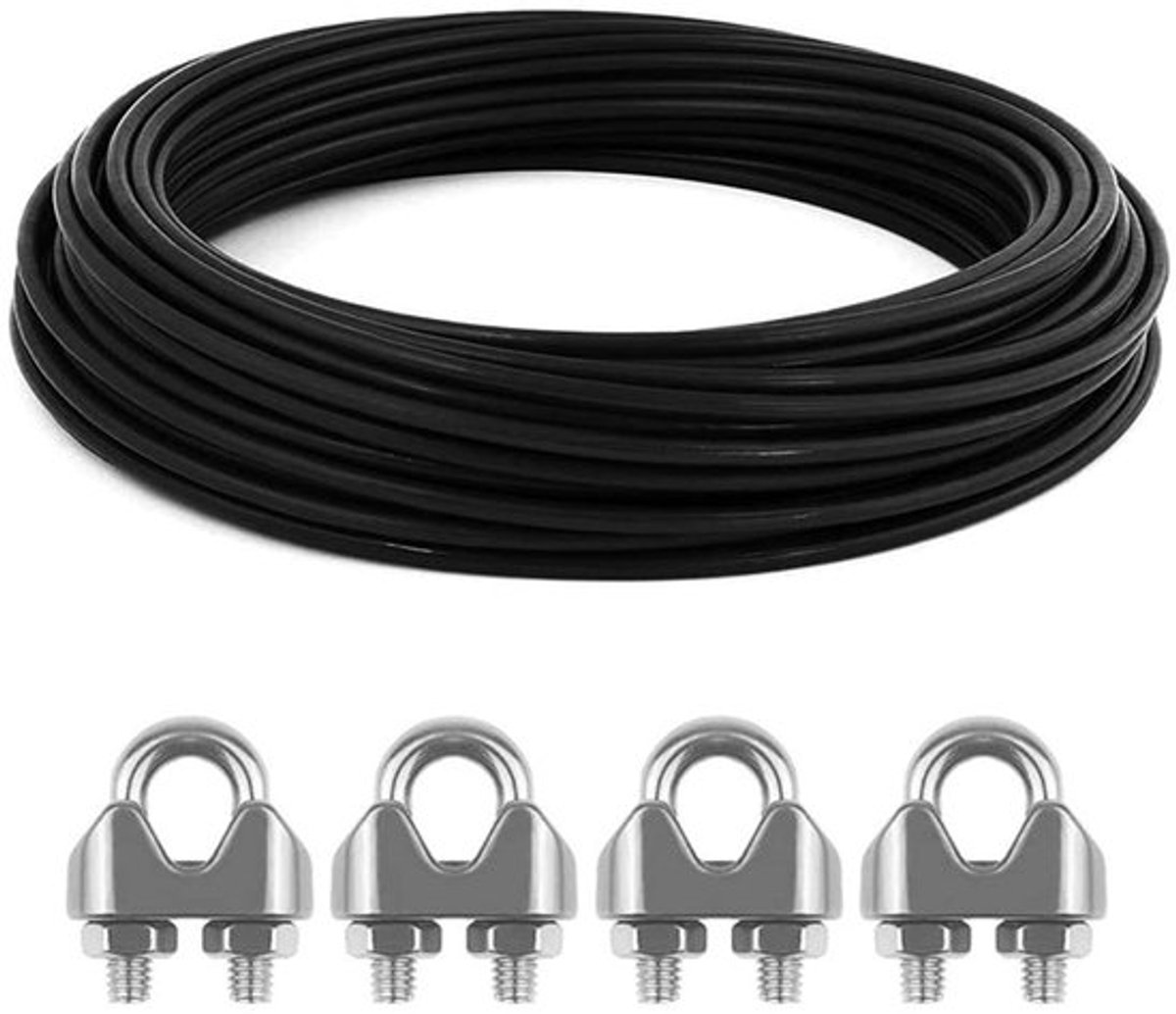 Metaaldraad 15 meter - 3 mm - Roestvrij staal - Zwart - PVC - Inclusief 4 roestvrijstalen kabelklemmen - Voor fotolijstjes, gordijnen, balustrades, tuinmeubelen, terrasmeubelen - 7 x 7 cm