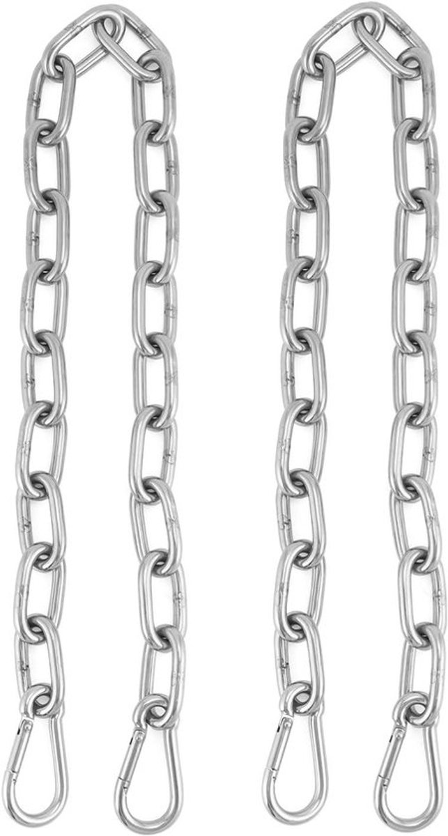 2 stuks verlengkettingen van 65cm met karabijnhaak voor het ophangen van schommels - RVS 304. Veilig en stevig voor diverse toepassingen zoals hangstoelen en bokszakken.