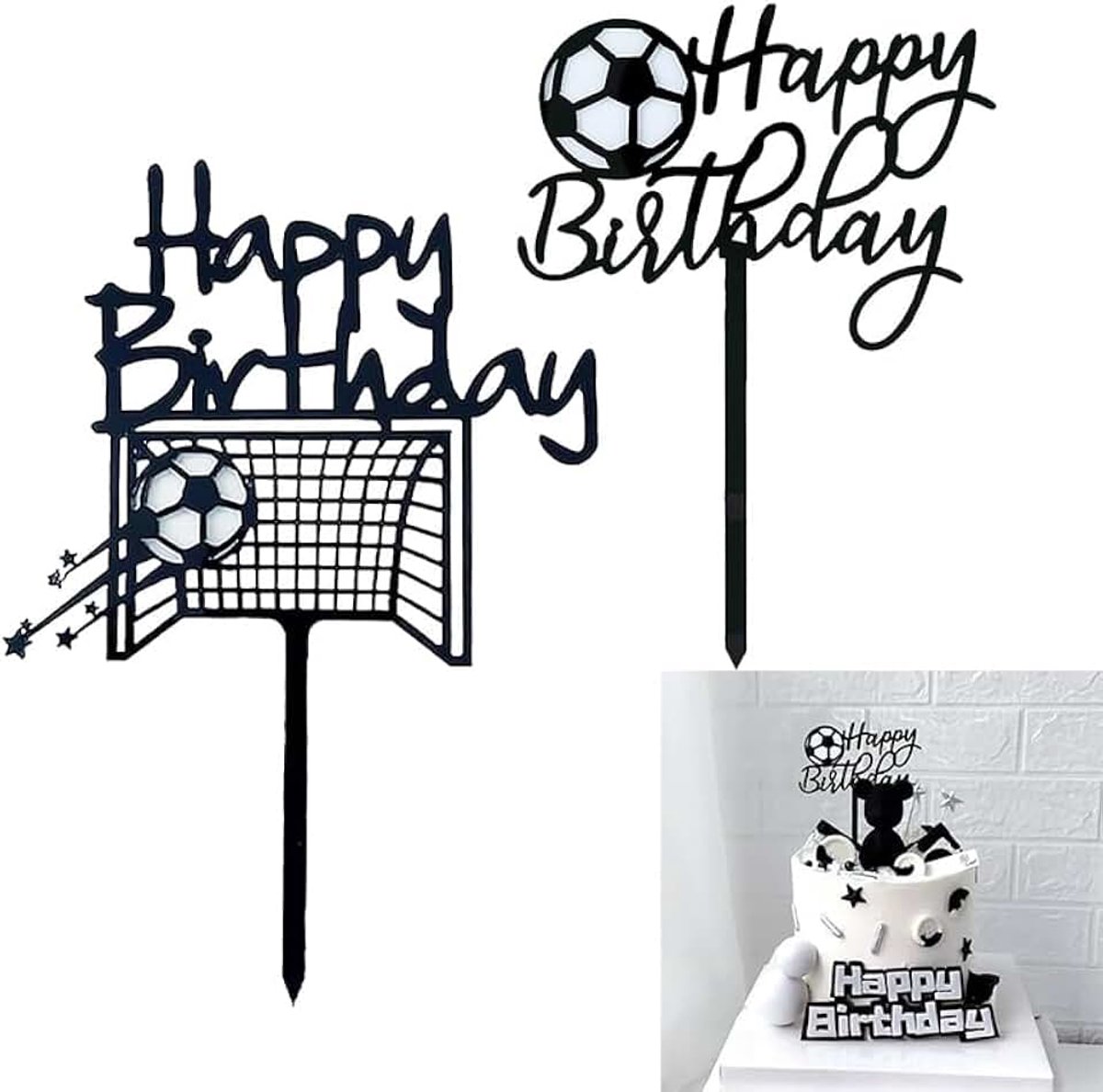 2 stuks taartdecoratie voetbal - acryl taarttoppers met "Happy Birthday" voor voetbalverjaardagsfeesten, herbruikbare taarttoppers voor creatieve decoraties