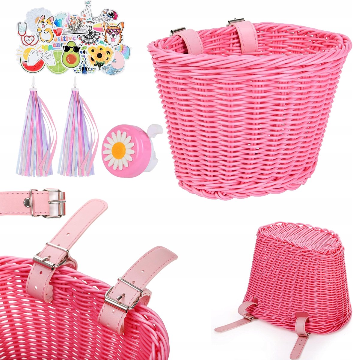 Roze Fietsmand Kinderen met Stickers & Bel - Geweven Rotan