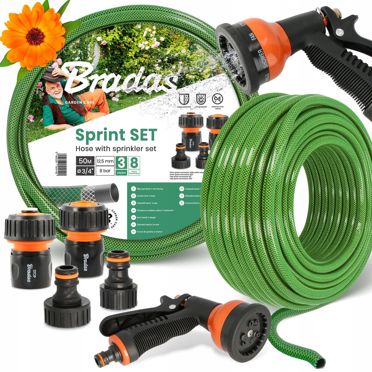 Tuinslang 50m 3/4" Groen, 3-laags, met 9-functie spuitpistool & koppeling