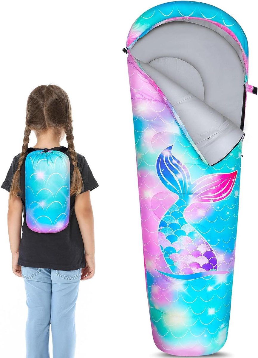 Kinder slaapzak - Kampeerslaapzak - Kamperen en Reizen - Waterafstotende buitenlaag - 178 cm - Zeemeermin