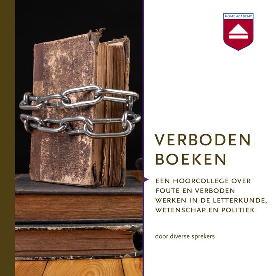 Een oud, versleten boek, vastgeketend met een metalen ketting. De tekst 'VERBODEN BOEKEN' staat ernaast.