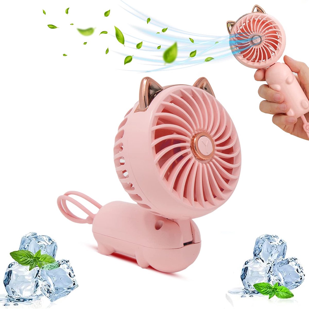 Draagbare handventilator met kattenoortjes – Miniventilator met oplaadbare USB-batterij | Opvouwbare kleine ventilator met 3 snelheidsstanden en polsbandje voor thuis en op kantoor