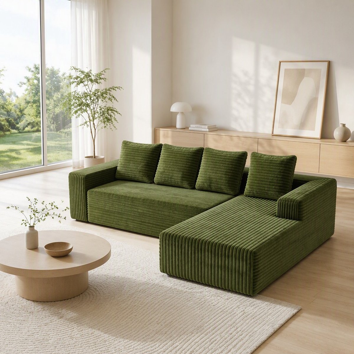 Sweiko Hoekbank - Modulair ontwerp - Chaise aan de rechterkant - Bankstel - Corduroy - 4 kussens - Geen montage nodig - Groen