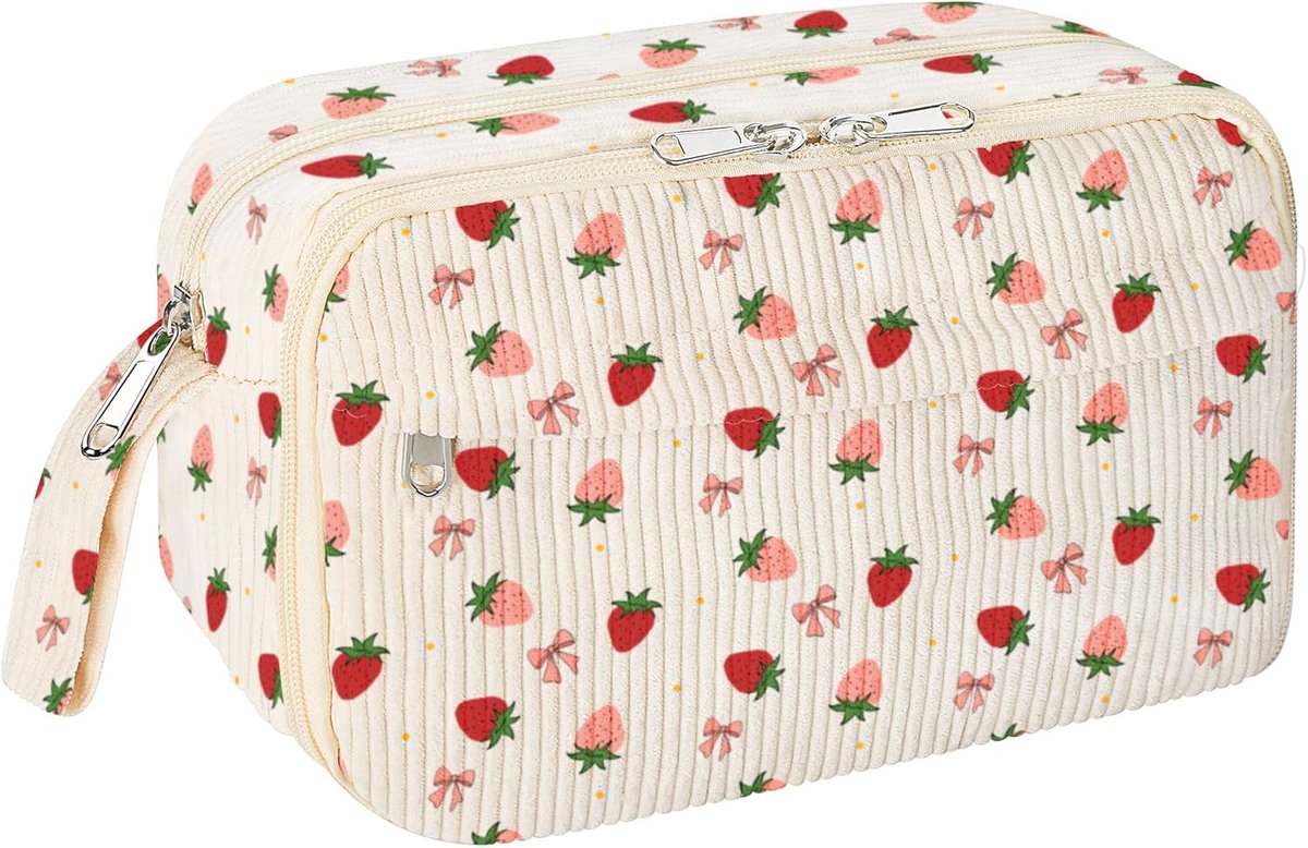 Etui van Zacht Corduroy - Groot Etui met Ritssluiting en Meerdere Vakken - Praktische Schooltas Organizer voor Pennen, Stiften en Accessoires - Aardbeienprint